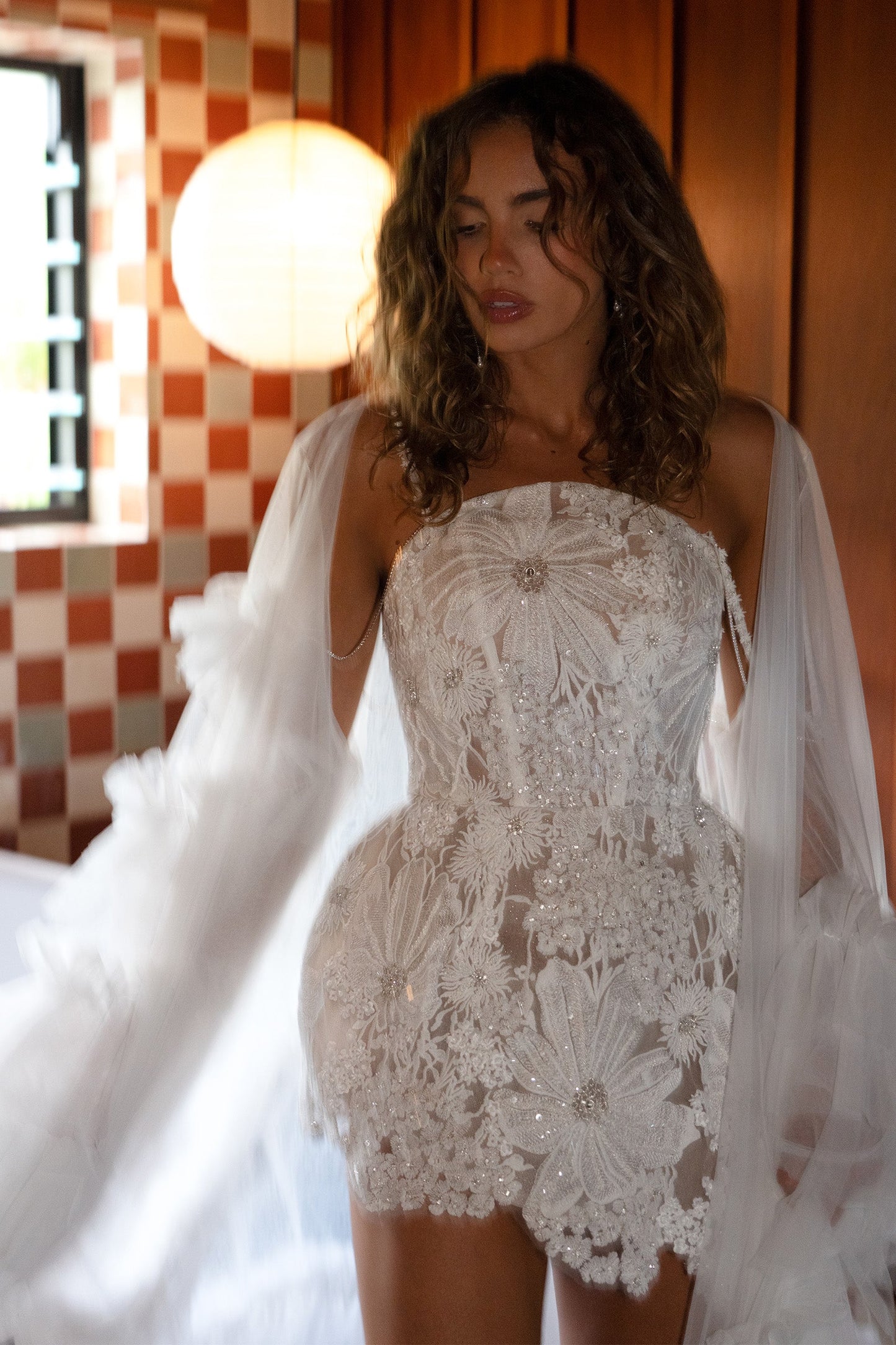 Asymmetrical Floral Lace Corset Bridal Mini Dress