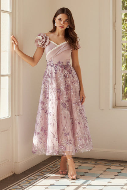 Asymmetric Tea-Length Floral Sequin Dress