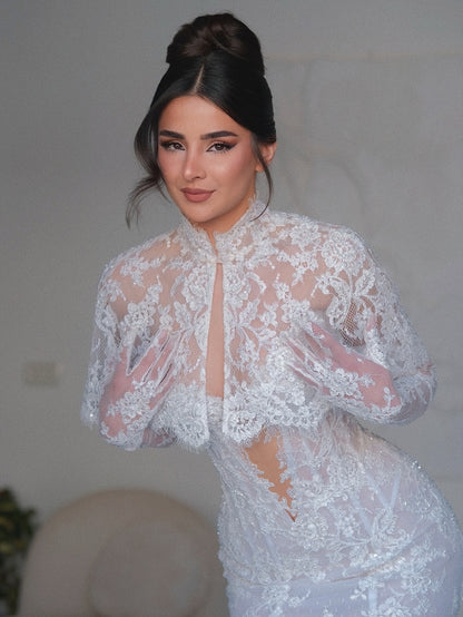 Illusion High Neck Lace Mermaid Bridal Gown