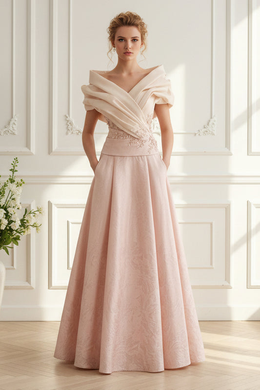 Off-the-Shoulder Jacquard A-Line Gown with Pockets