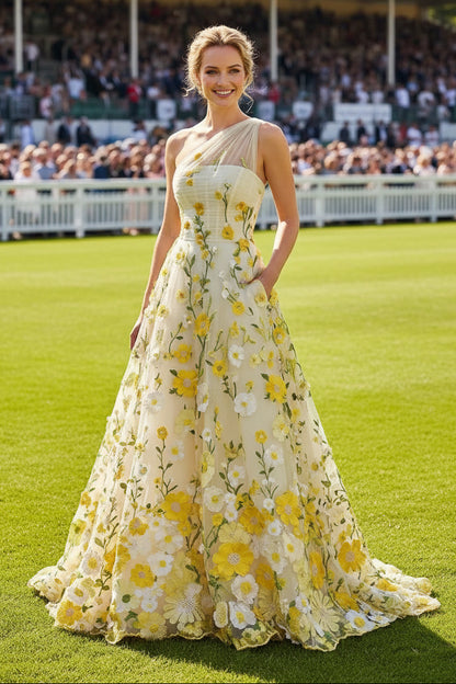 One-Shoulder Floral 3D Applique Gown with Pockets