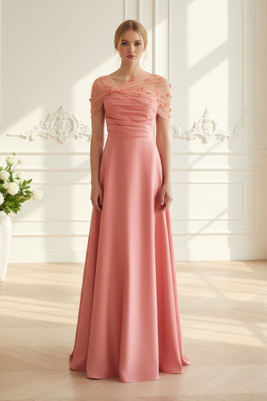 Ruched Satin A-Line Gown with 3D Floral Capelet