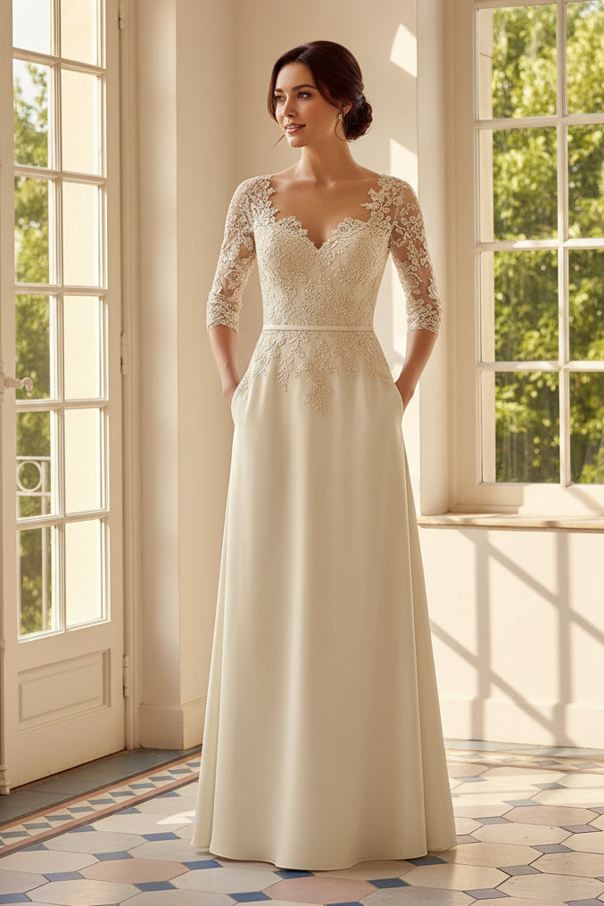Lace 3/4 Sleeve A-Line Satin Formal Gown with Pockets