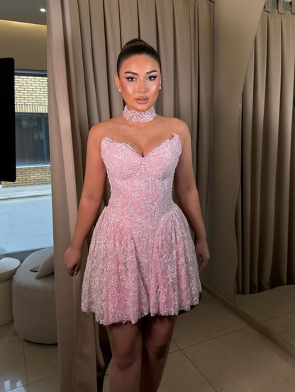 Strapless Sweetheart Lace Corset Mini Dress