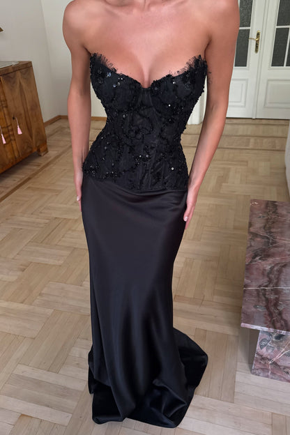 Strapless Beaded Corset Satin Maxi Gown