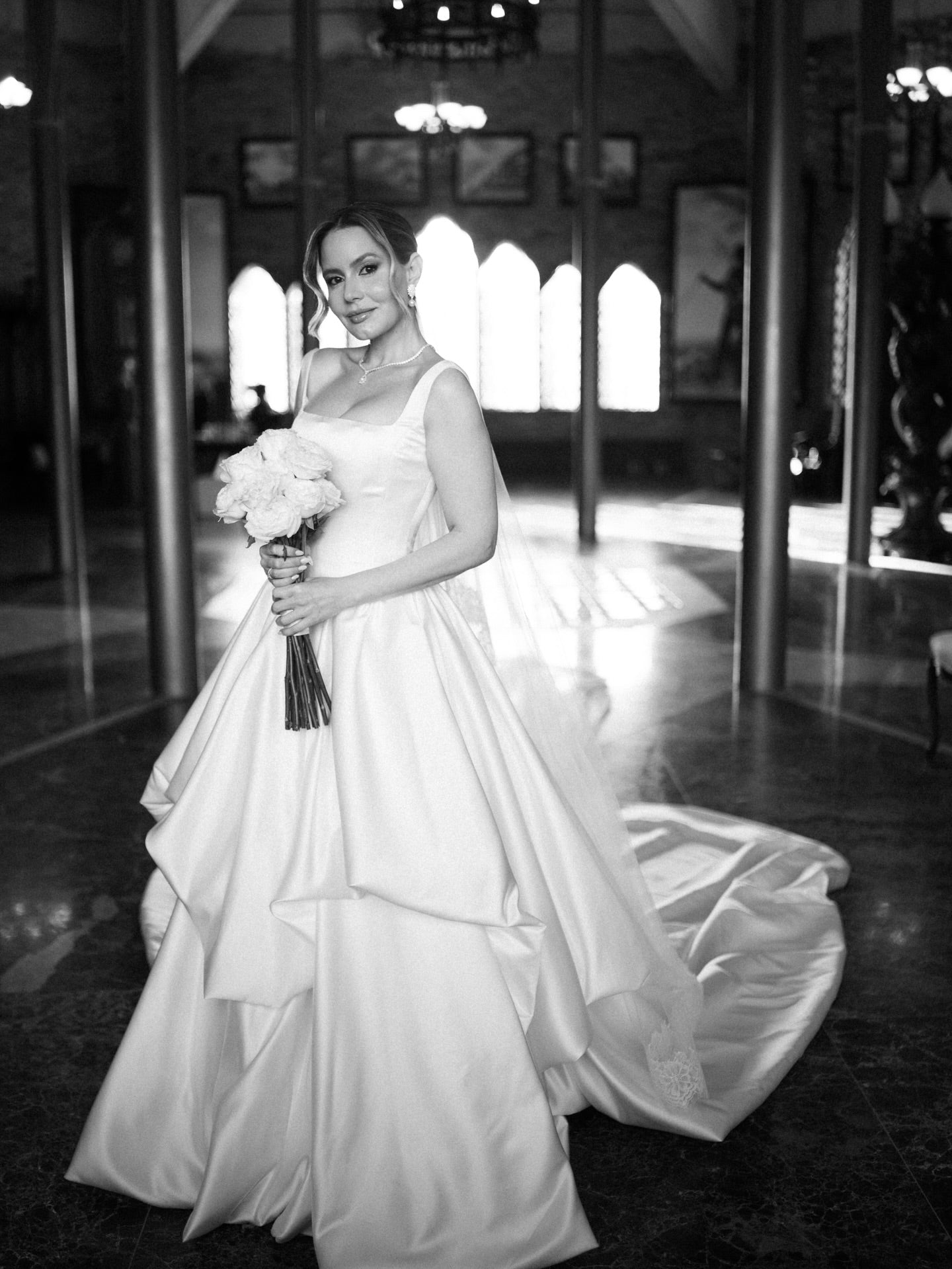 Satin Ball Gown with Tiered Skirt Cathedral Train Wedding Dress