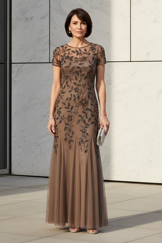 Embroidered Tulle Trumpet Evening Gown