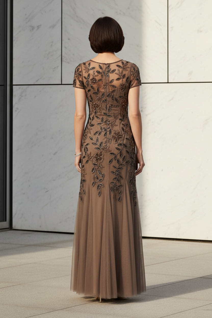 Embroidered Tulle Trumpet Evening Gown