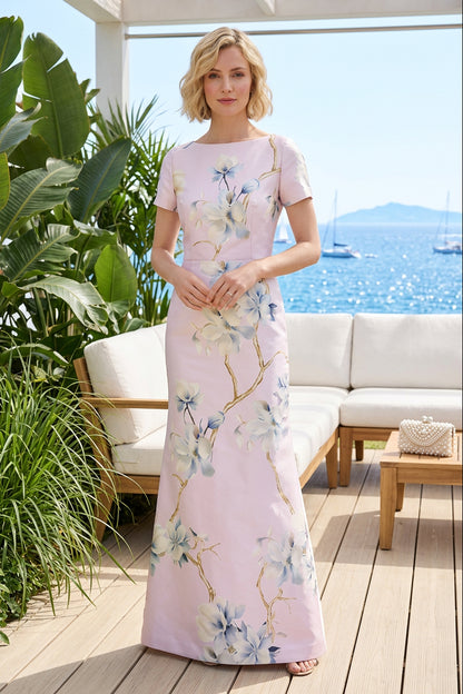 Floral Print Short Sleeve Column Evening Gown