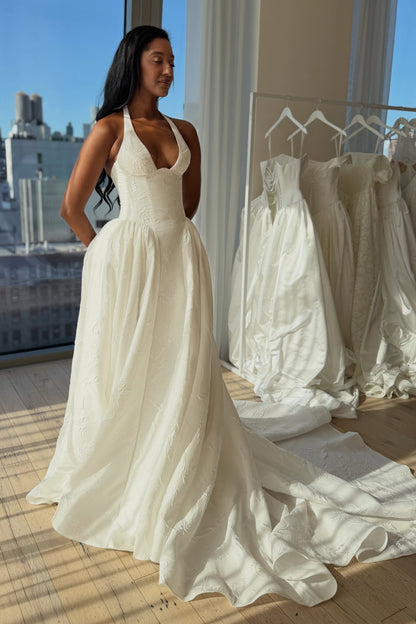 Floral Jacquard Halter Wedding Dress with Train