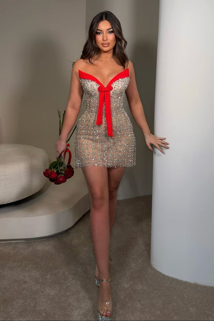 Strapless Crystal Embellished Mini Dress with Bow