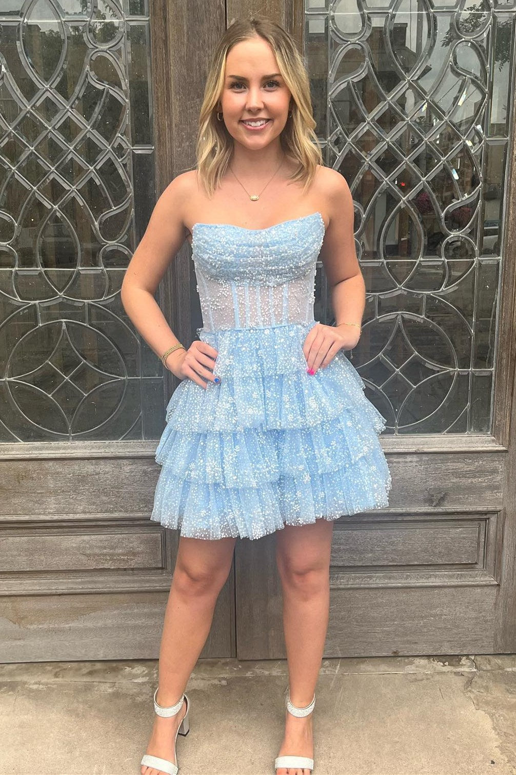 Strapless Pearl Beaded Corset Tiered Short Dress