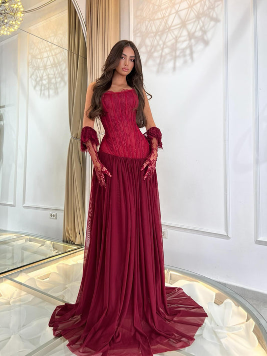 Strapless Corset Lace and Tulle Evening Gown