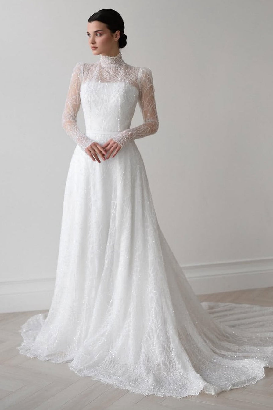 High Neck Illusion Long Sleeve A-Line Wedding Dress