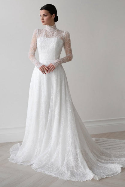 High Neck Illusion Long Sleeve A-Line Wedding Dress