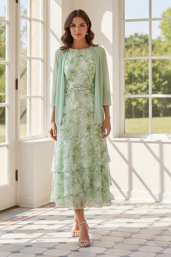 Tiered Floral Chiffon Midi Dress with Matching Jacket