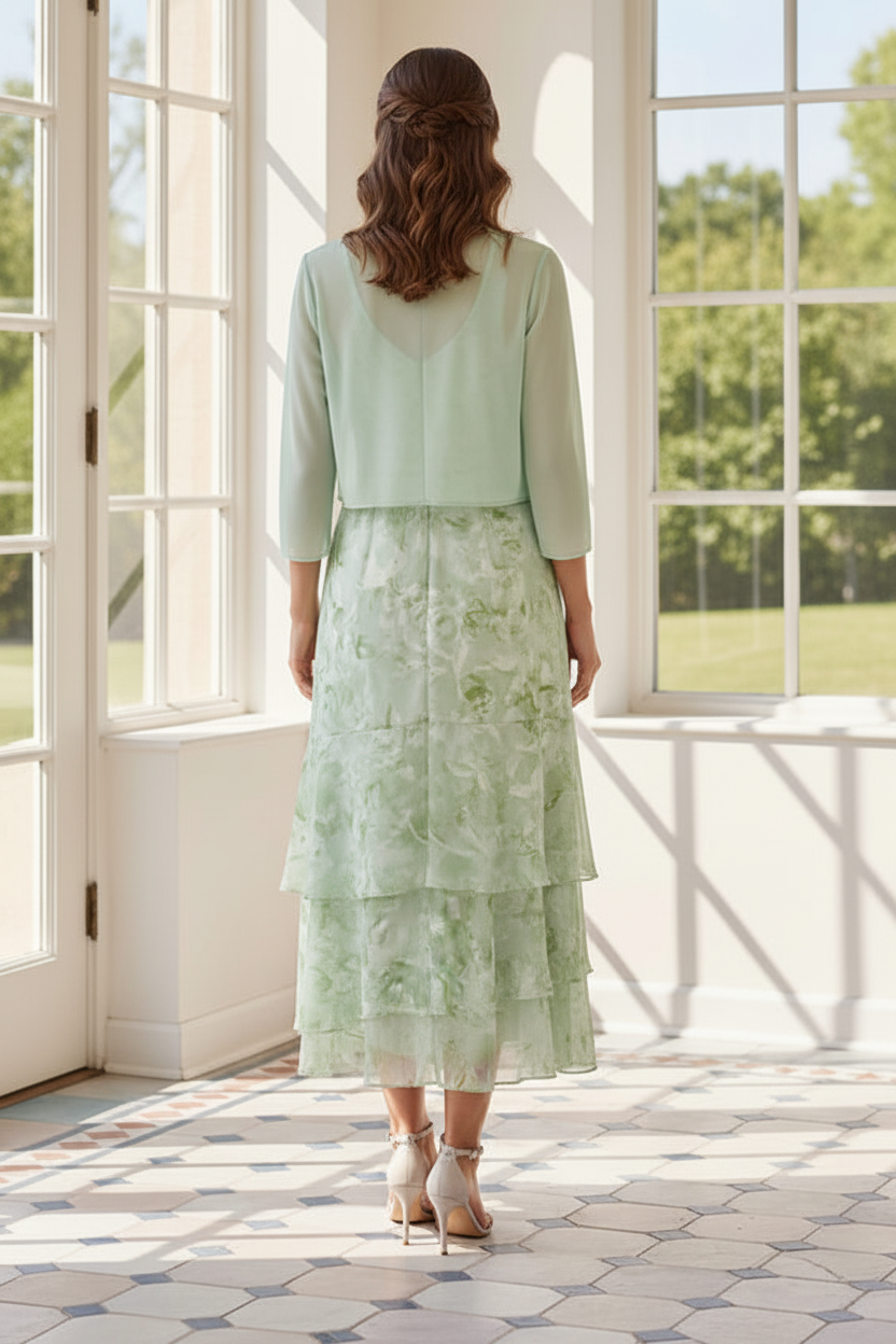 Tiered Floral Chiffon Midi Dress with Matching Jacket