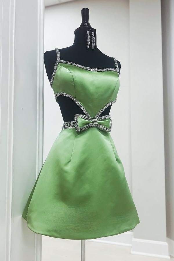 Satin Cut-Out Mini Dress with Rhinestone Trim
