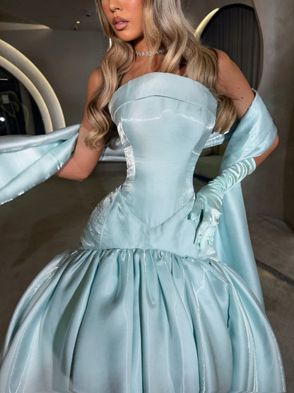 Strapless Bubble Skirt Midi Dress with Gloves