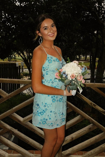 Sequined Beaded Spaghetti Strap Mini Dress
