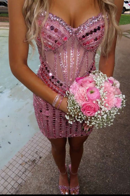 Rhinestone Corset Mini Dress with Sweetheart Neckline
