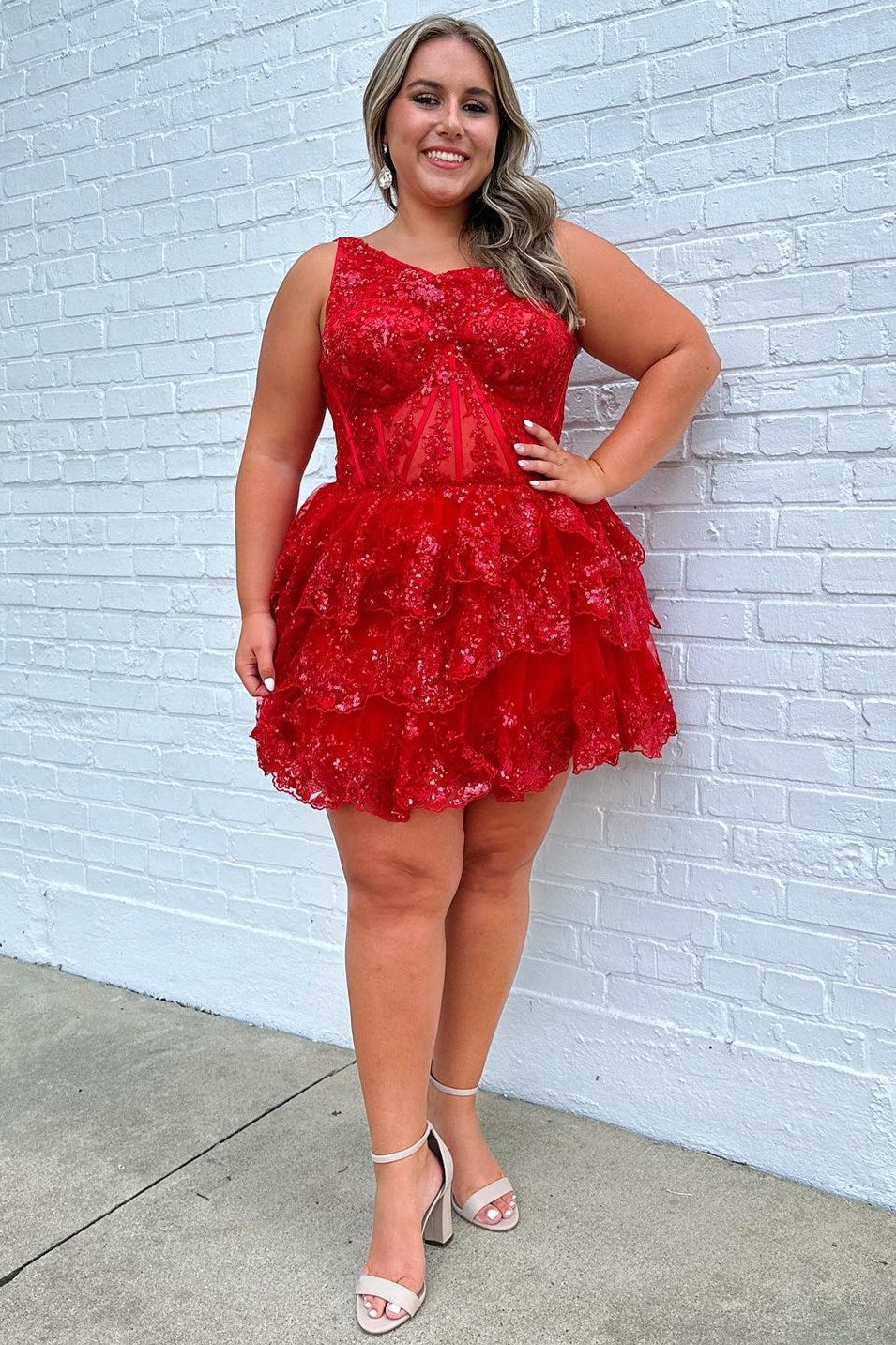 One-Shoulder Corset Tiered Lace Homecoming Dress