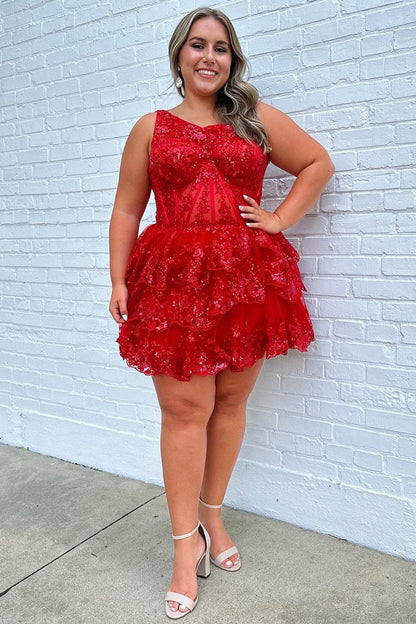 One-Shoulder Corset Tiered Lace Homecoming Dress