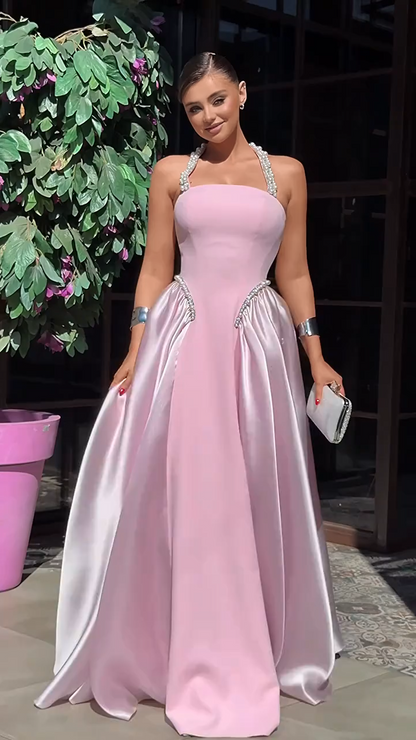 Pearl Halter Gown with Satin Side Draping