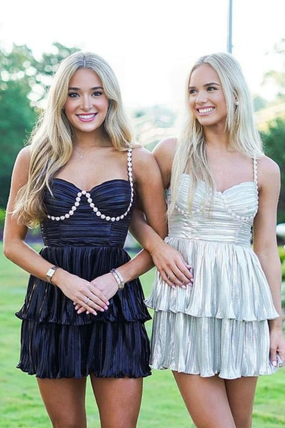 Metallic Pleated Tiered Mini Dress