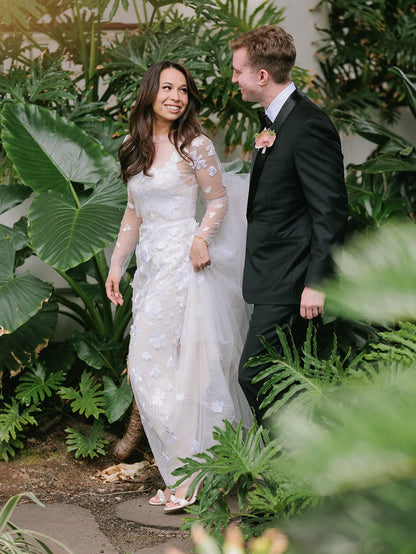 Illusion Long Sleeve 3D Floral Wedding Dress