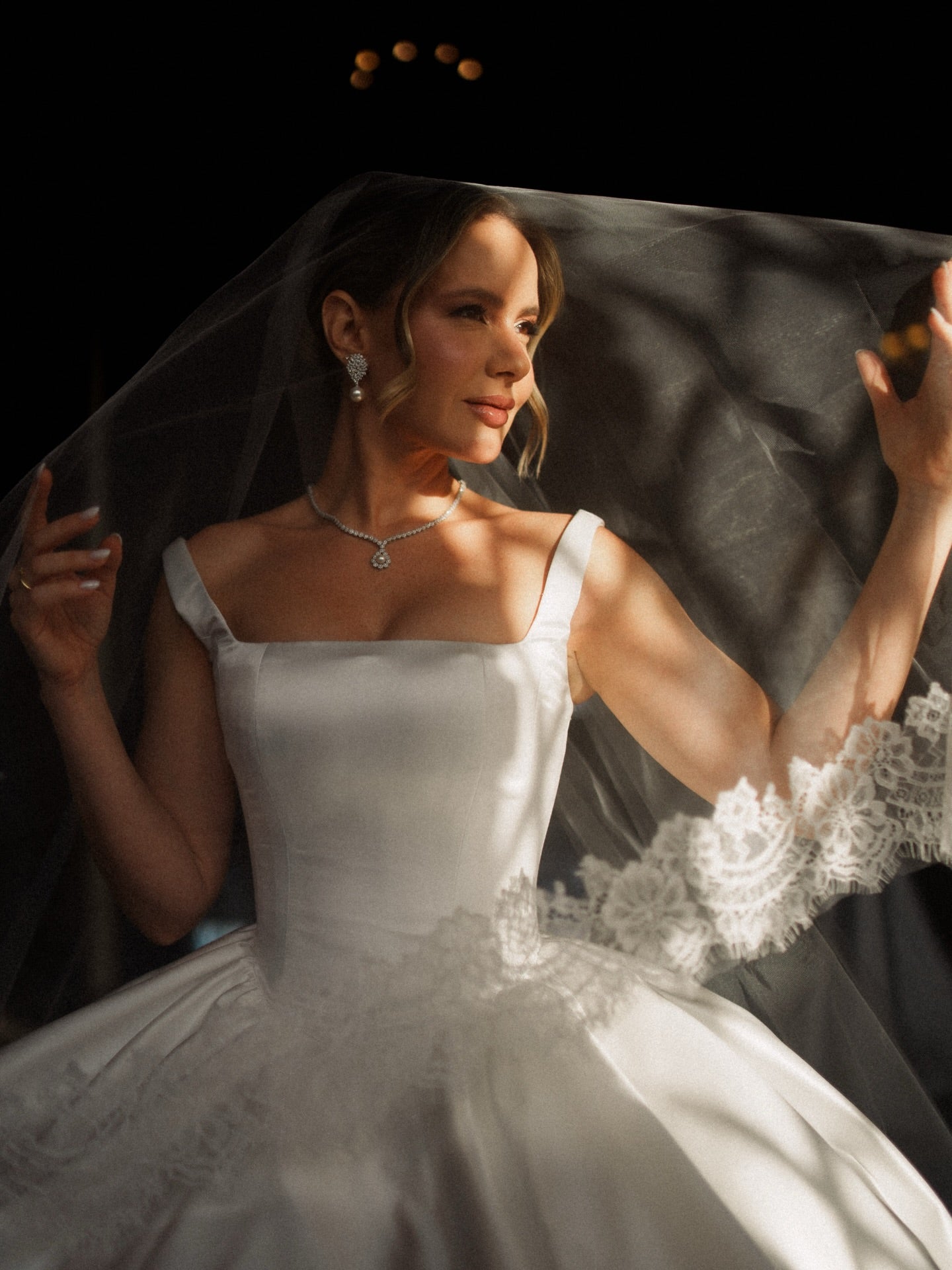 Satin Ball Gown with Tiered Skirt Cathedral Train Wedding Dress