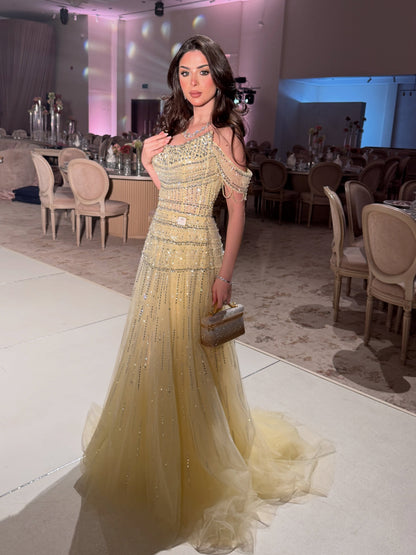 Beaded Off-the-Shoulder Tulle A-Line Evening Gown