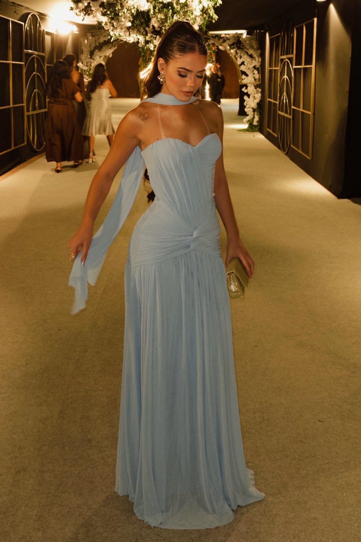 Ruched Sweetheart Gown with Attached Neck Scarf