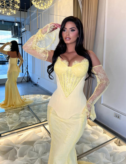 Corset Mermaid Evening Gown with Lace Sleeves