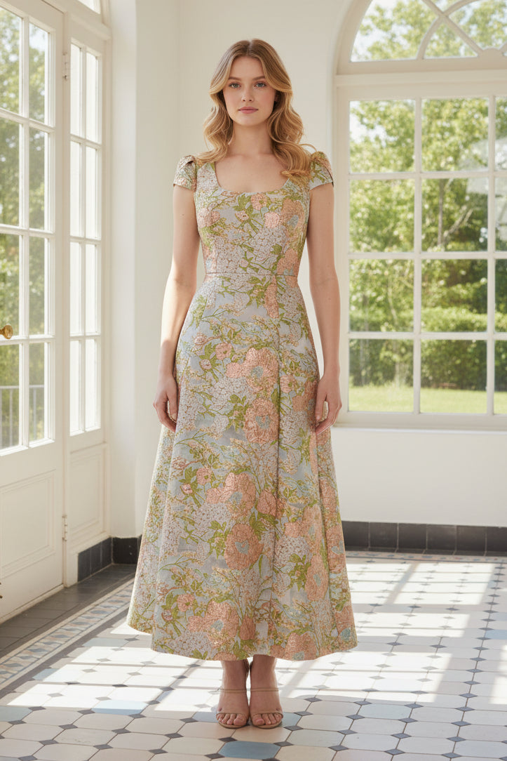 Square Neck Metallic Jacquard A-Line Midi Dress