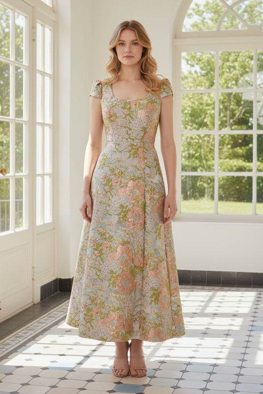 Square Neck Metallic Jacquard A-Line Midi Dress