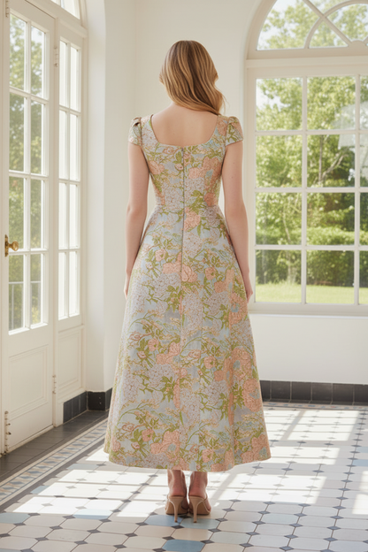 Square Neck Metallic Jacquard A-Line Midi Dress