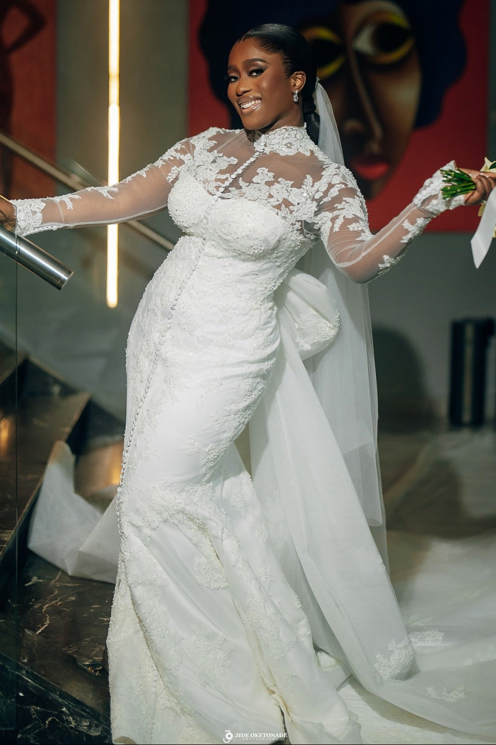 High Neck Mermaid Wedding Dress with Detachable Train