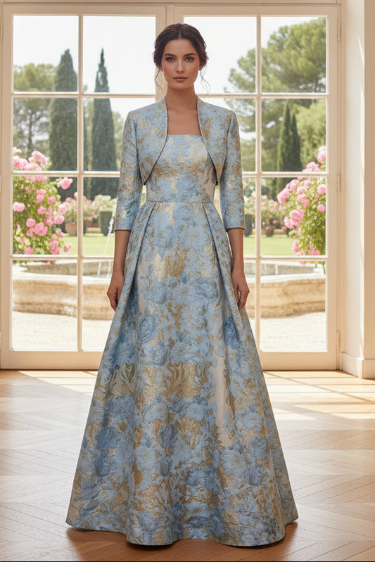 Floral Jacquard A-Line Gown with Cropped Jacket