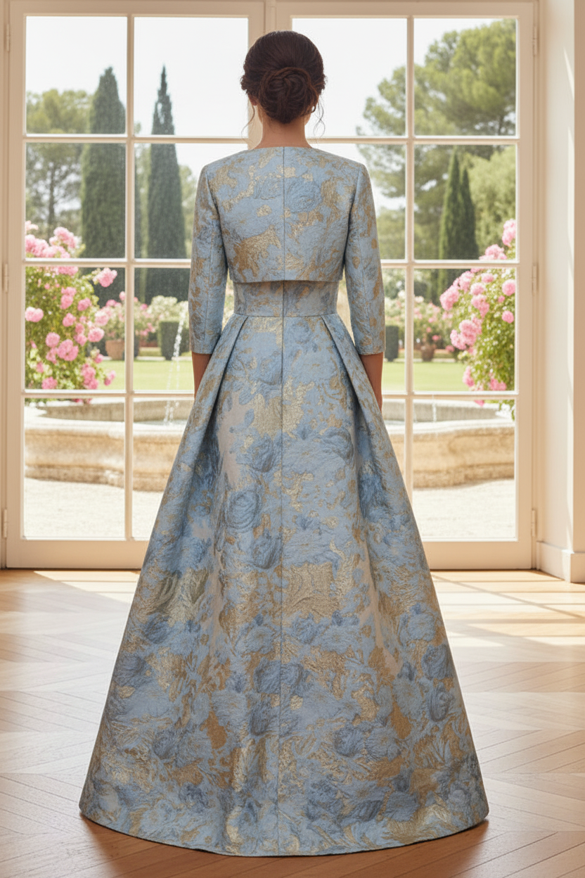 Floral Jacquard A-Line Gown with Cropped Jacket