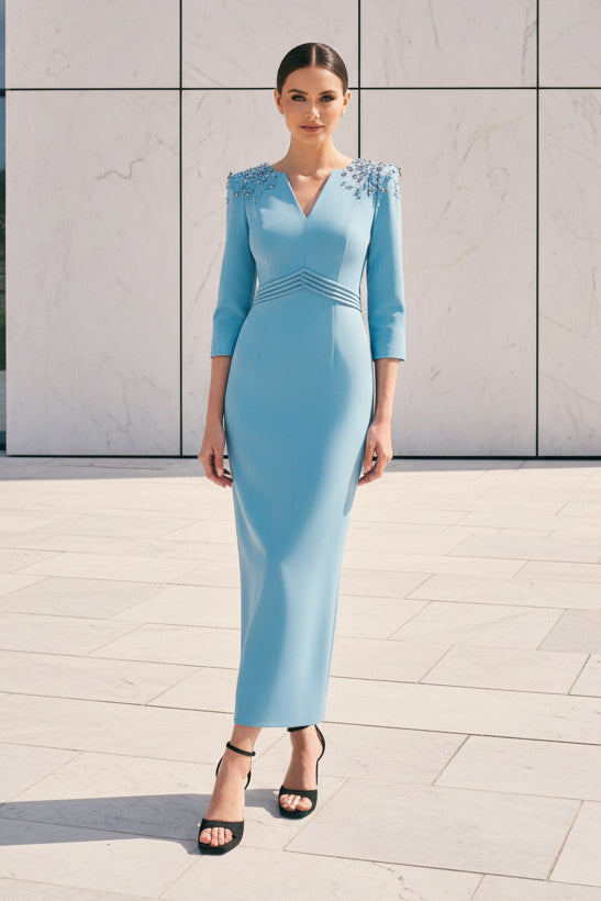 Beaded Shoulder Crepe Dress with 3/4 Sleeves