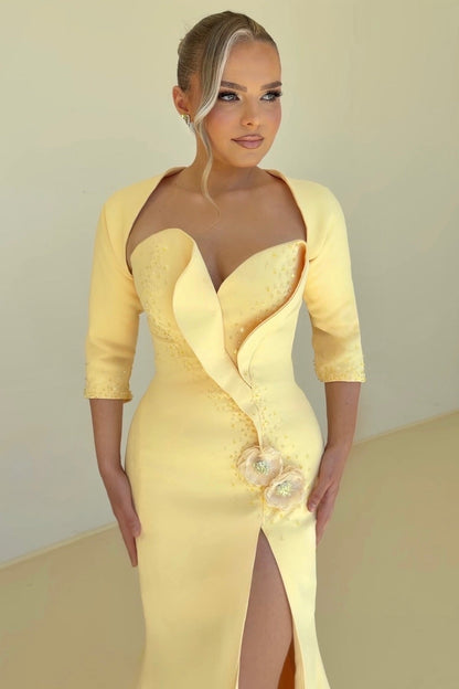 Sculptural Bodice Gown with Slit and 3/4 Sleeves