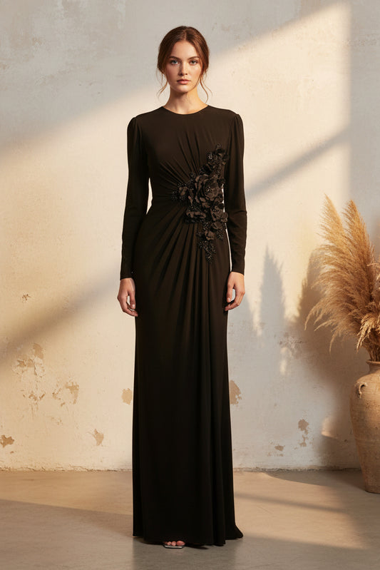Long Sleeve Ruched Gown with 3D Floral Applique