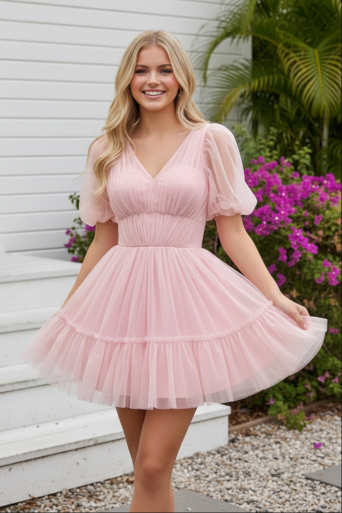 Tulle Puff Sleeve V-Neck Tiered Mini Dress