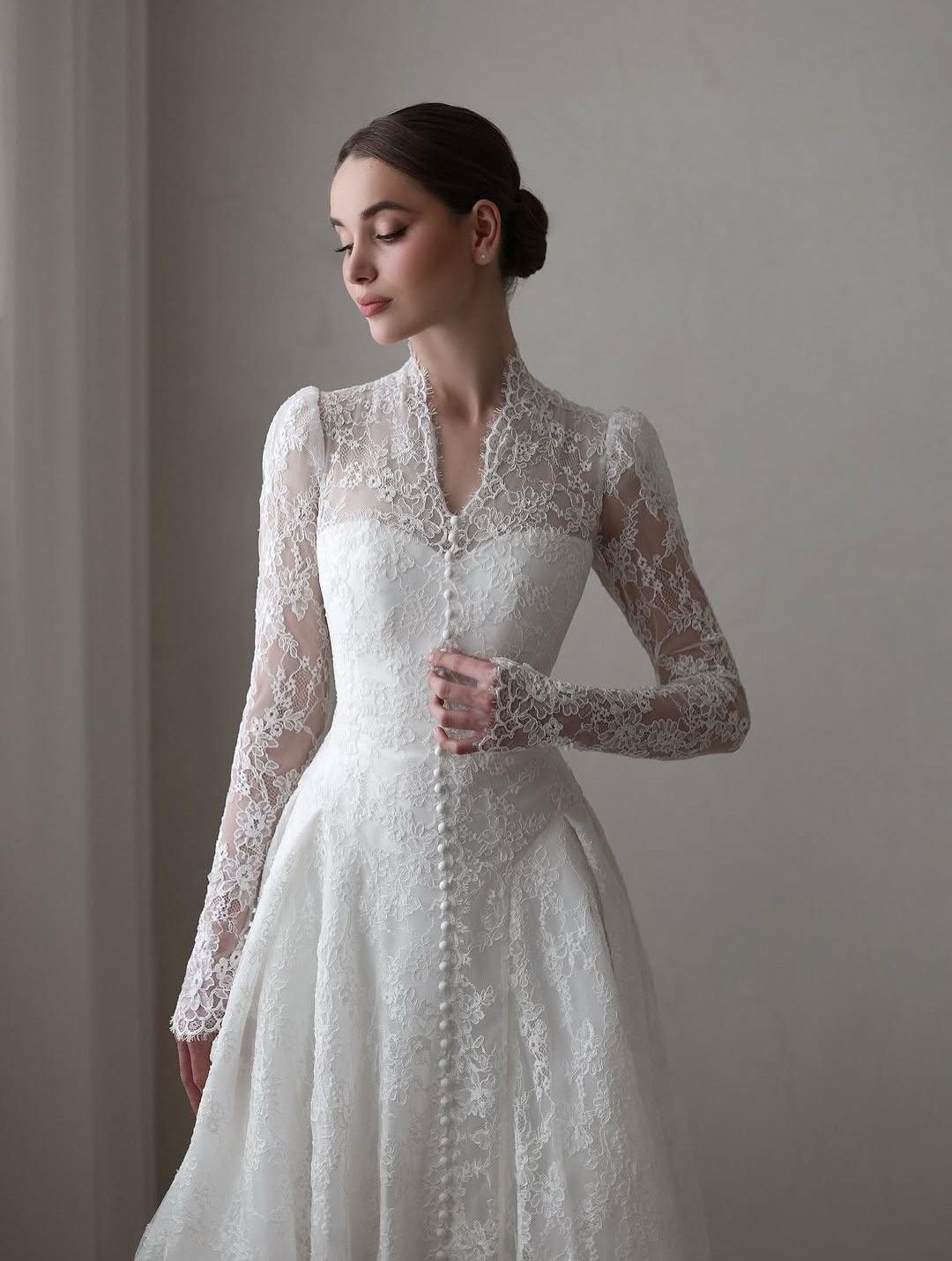 High Neck Lace A-line Wedding Dress with Long Sleeves