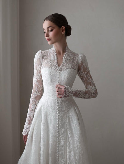High Neck Lace A-line Wedding Dress with Long Sleeves