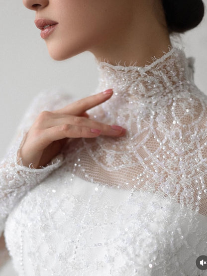 High Neck Illusion Long Sleeve A-Line Wedding Dress