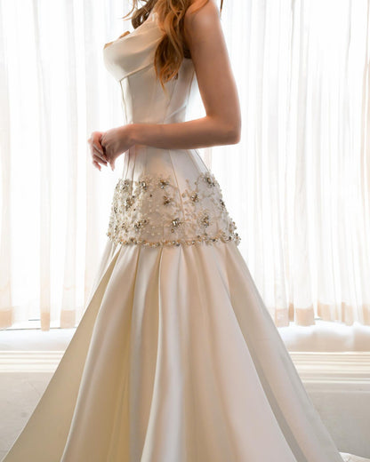 Cowl Neck Drop-Waist Beaded Gown