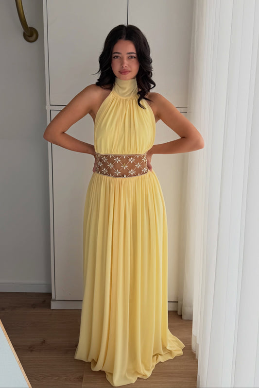 Halter High-Neck Chiffon Gown with Beaded Waist