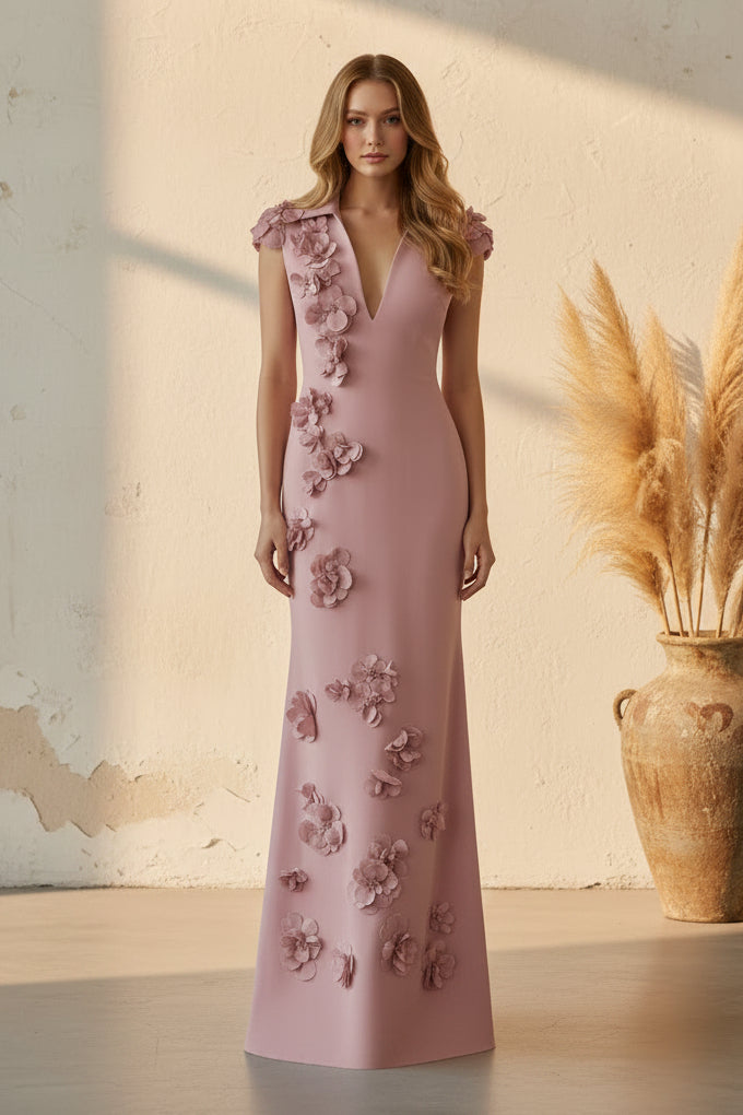 Collared V-Neck Mermaid Evening Gown with 3D Flowers